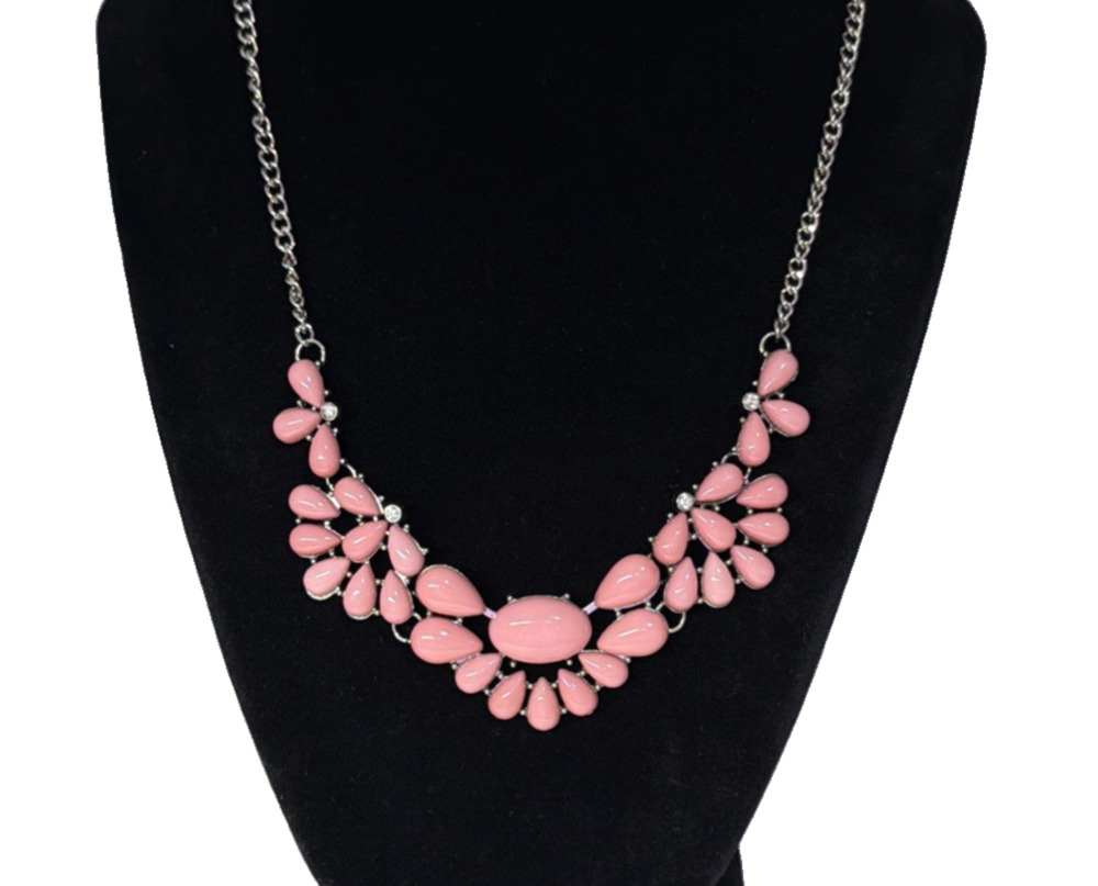 Pink Teardrop Bead Floral Statement Bib Necklace Silver Tone Rhinestone